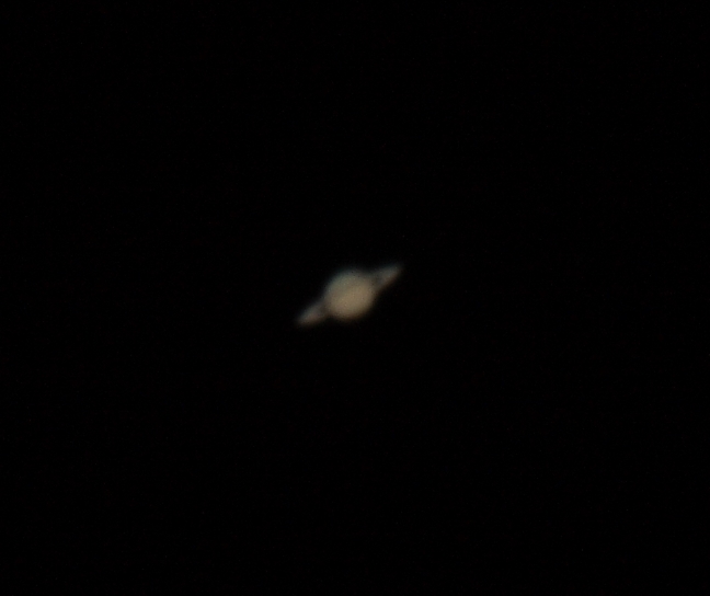 single exposure of Saturn, 8 inch SkyWatcher Explorer 200 reflector on an HEQ-5 mount, Canon 400D camera, Skywatcher 2X Barlow lens